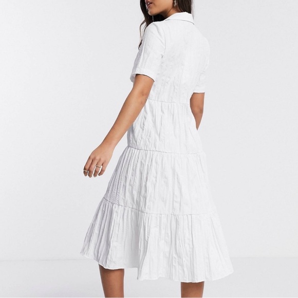 Stradivarius White Poplin Button Front Tier Collared Midi Dress - Picture 2 of 7